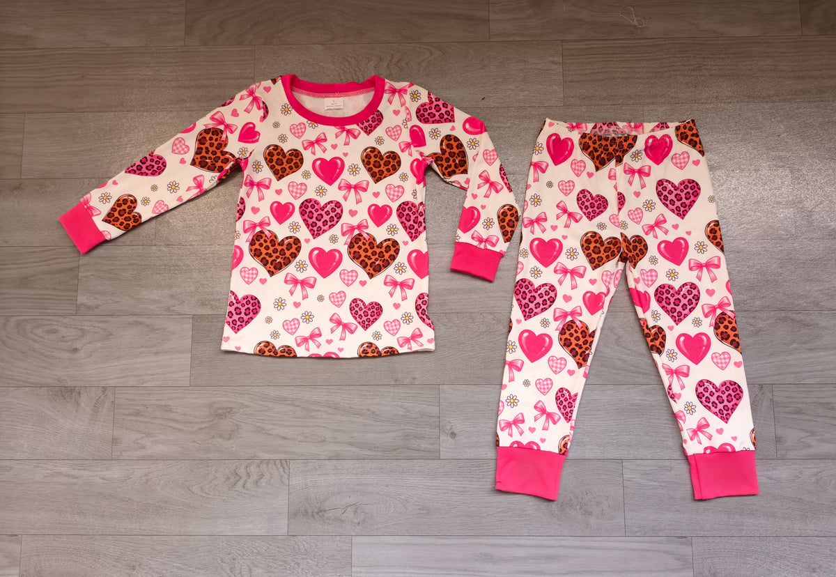 Sample-Real Pics GLP4021 Baby Girl Clothes Pink Heart Print Long Sleeve Flare Pant Set