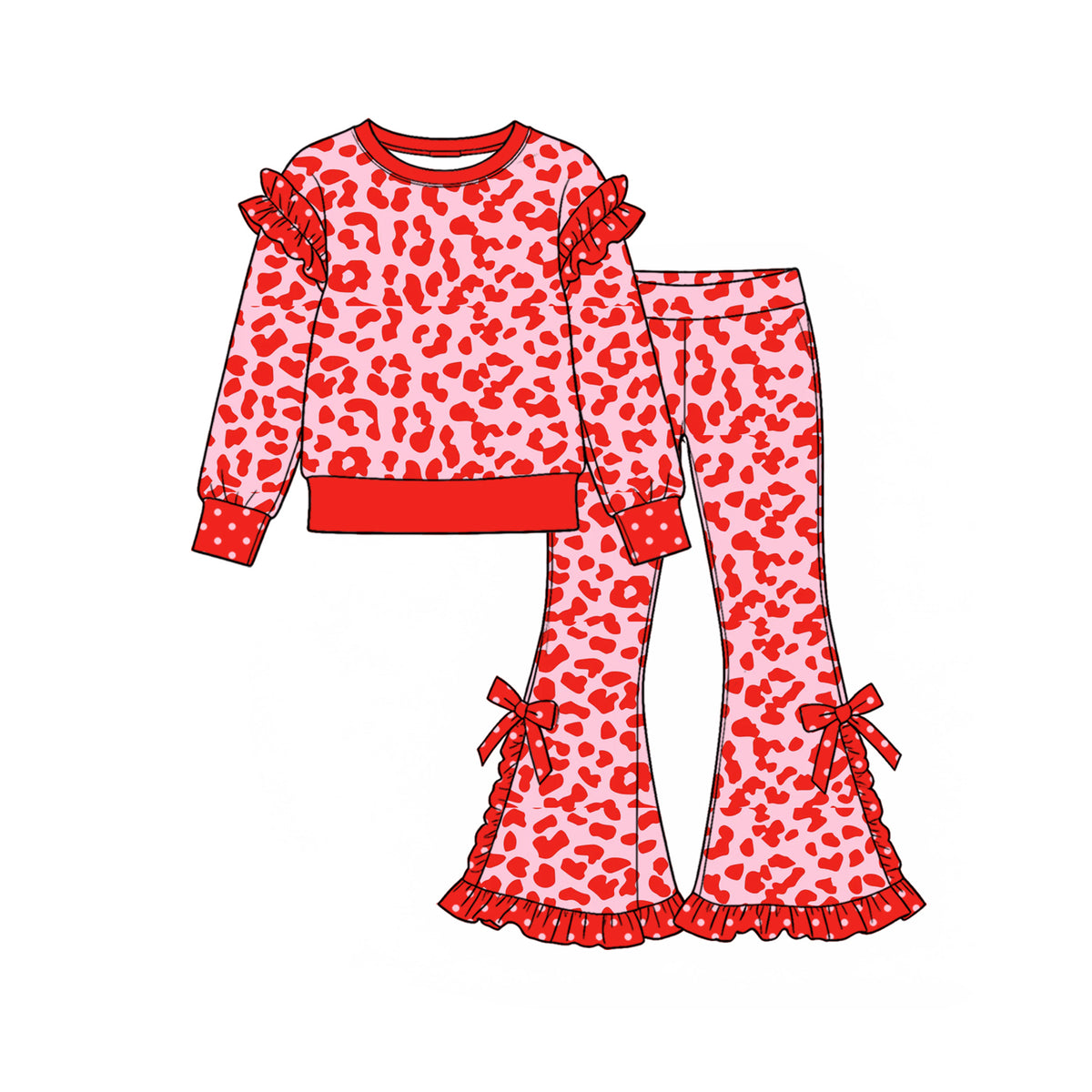 Preorder (moq 5) GLP4025 Baby Girl Clothes Red Leopard Print Ruffle Long Sleeve Flare Pant Set
