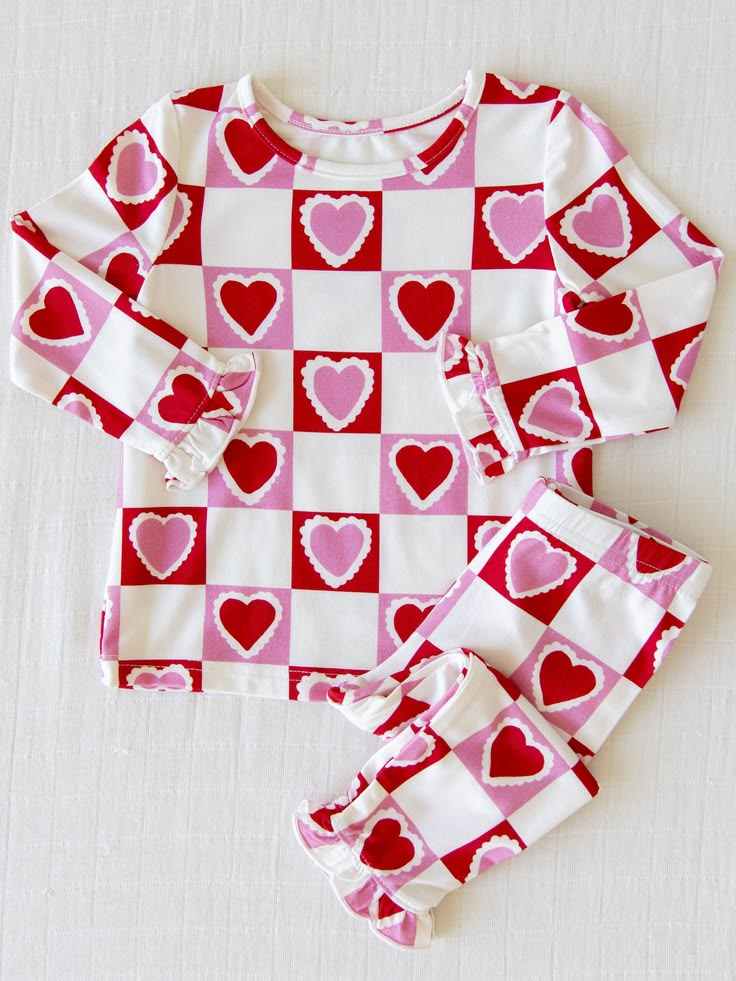 Preorder (moq 5) GLP4097 Baby Girl Clothes Valentine Heart Checker Print Short Sleeve Pajama Set