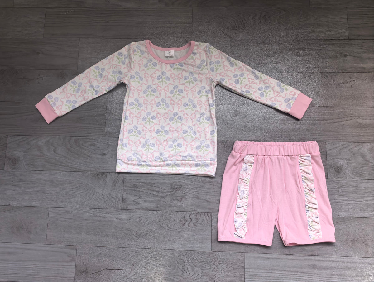 Sample-Real Pics GLS0014 Baby Girl Clothes Hydrangea Bow Floral Print Long Sleeve Top Ruffle Side Short Set