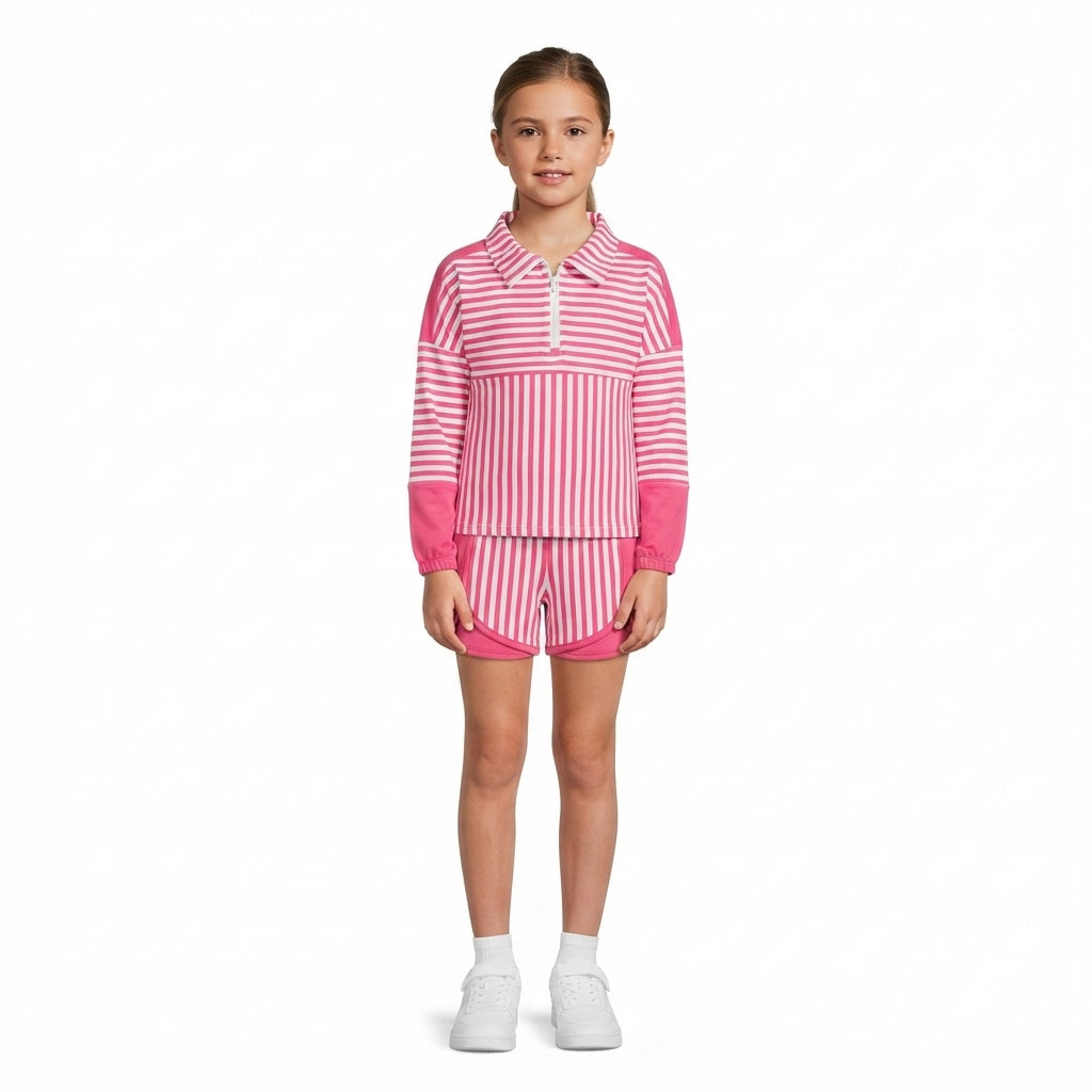 NO MOQ RTS GLS0106 Baby Girl Clothes Pink White Stripe Spliced Print Long Sleeve Polo Top Short Pant Set 202610