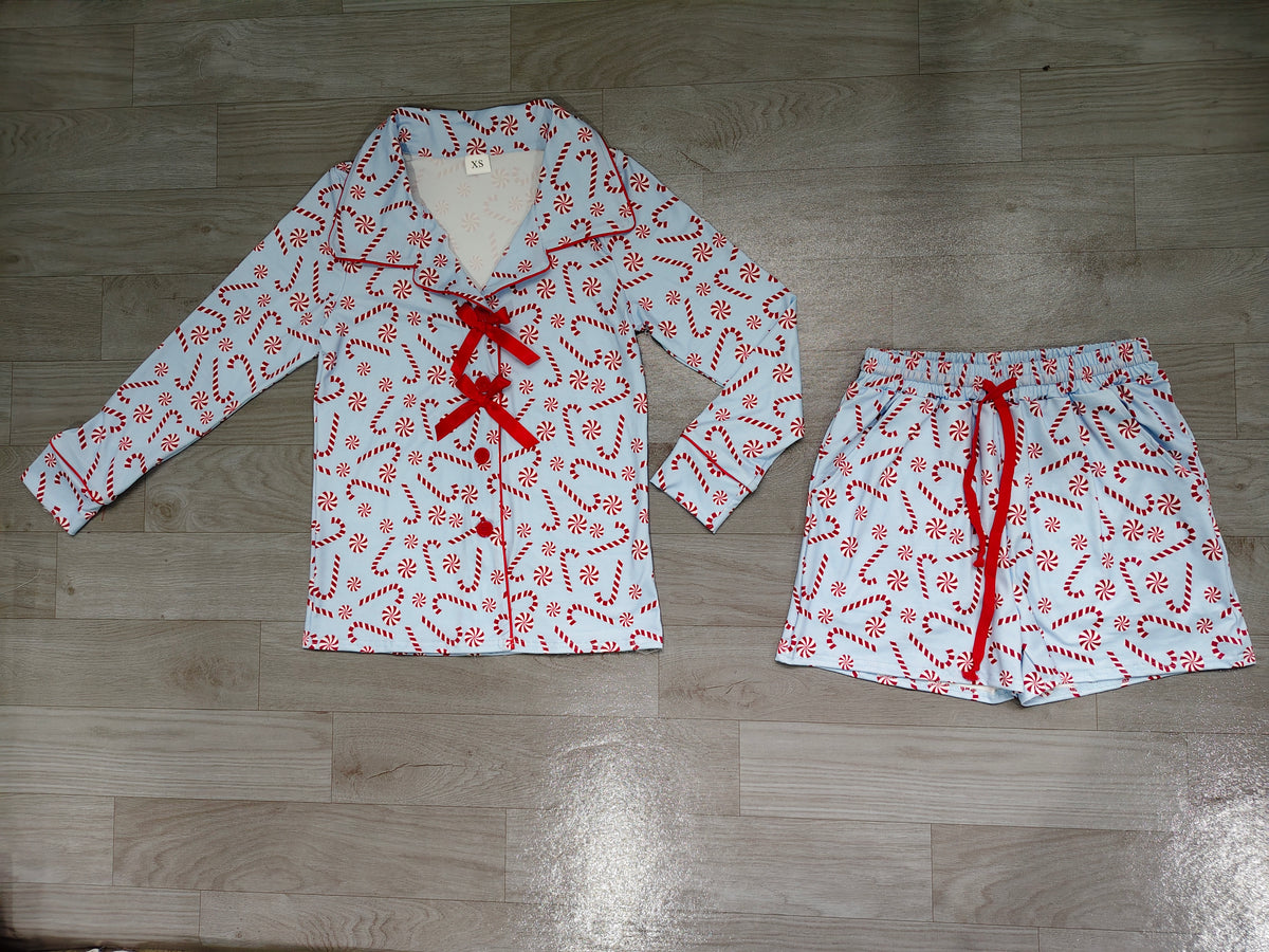 Sample-Real Pics GLS0116 women Clothes Candy Cane Christmas Print Long Sleeve Shirt Short Pajama Set