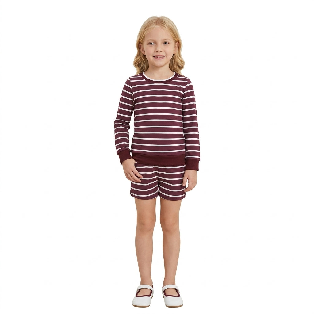 NO MOQ RTS GLS0130-yoga Maroon Stripe Yoga Set Long Sleeve Top & Shorts 2Pcs