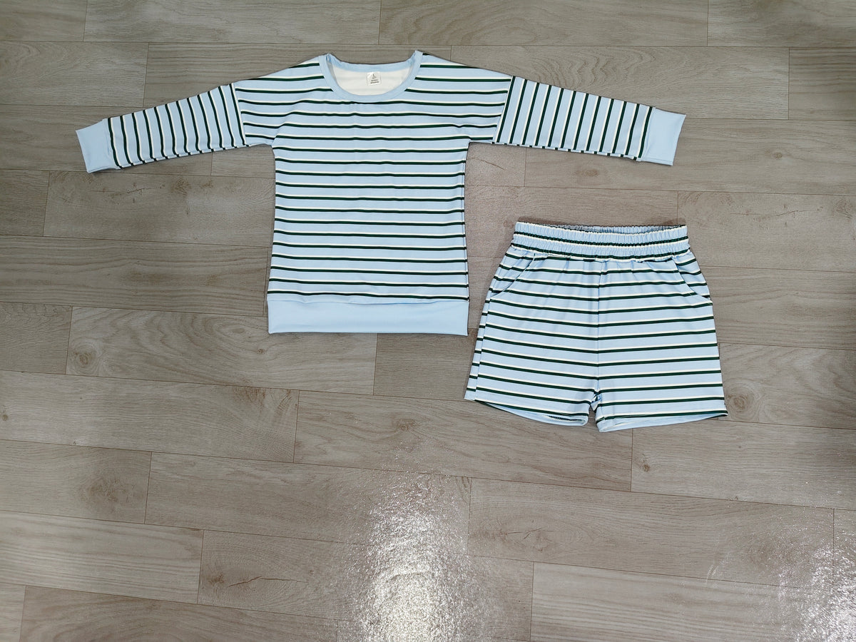 Sample-Real Pics GLS0133 Baby Girl Clothes Blue Green Striped Print Long Sleeve Top Short Pant Outfit Set