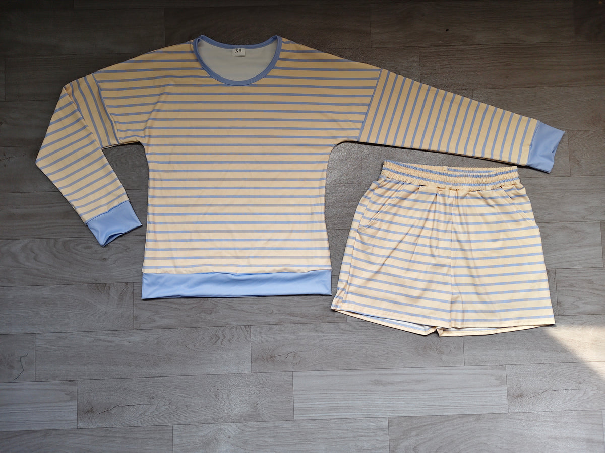 Sample-Real Pics GLS0138 Adult Women Clothes Blue Beige Striped Print Long Sleeve Top Short Pant Set