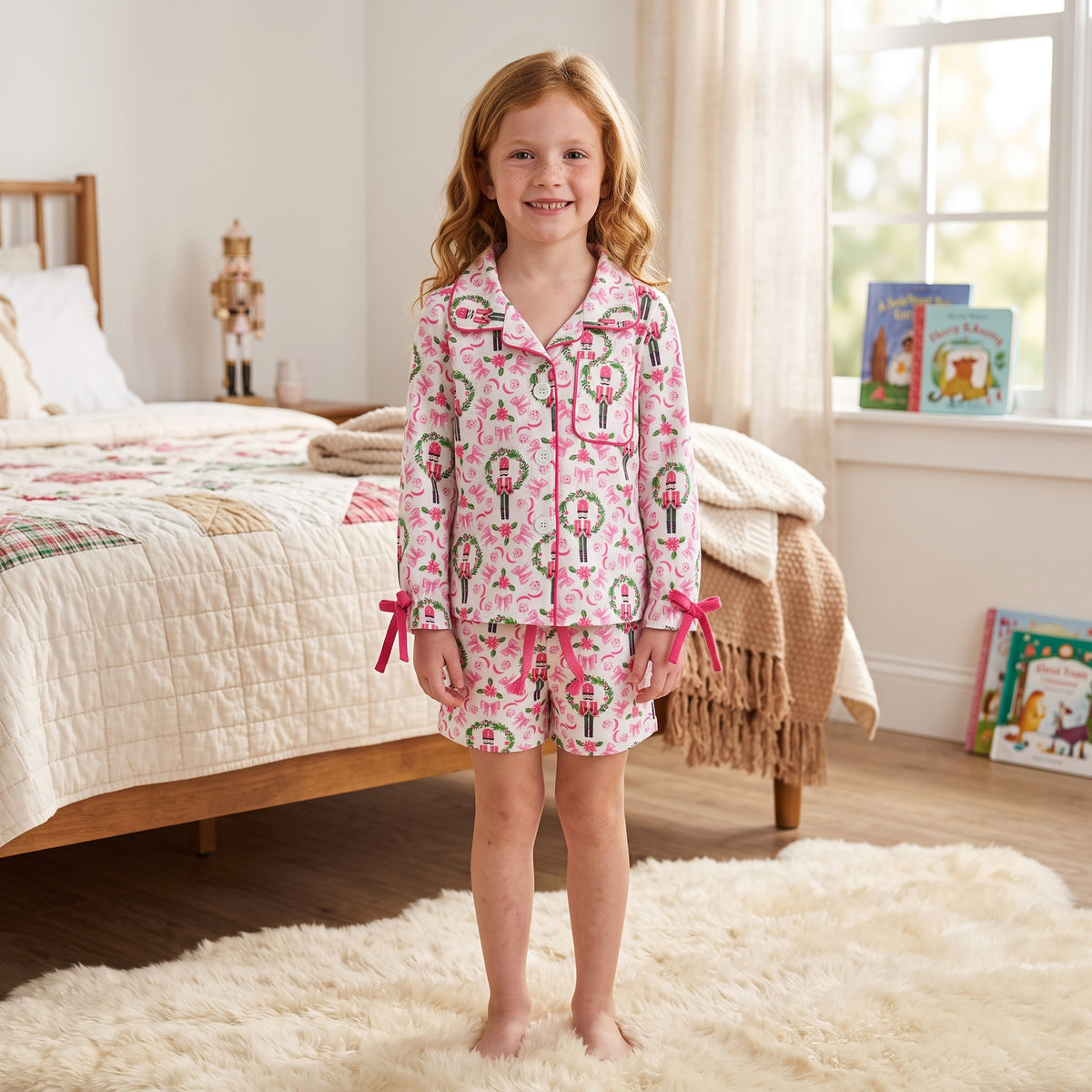 NO MOQ RTS GLS0173(1) Baby Girl Clothes Christmas Nutcracker Wreath Full Print Long Sleeve Shirt Short Pajama Set 202609