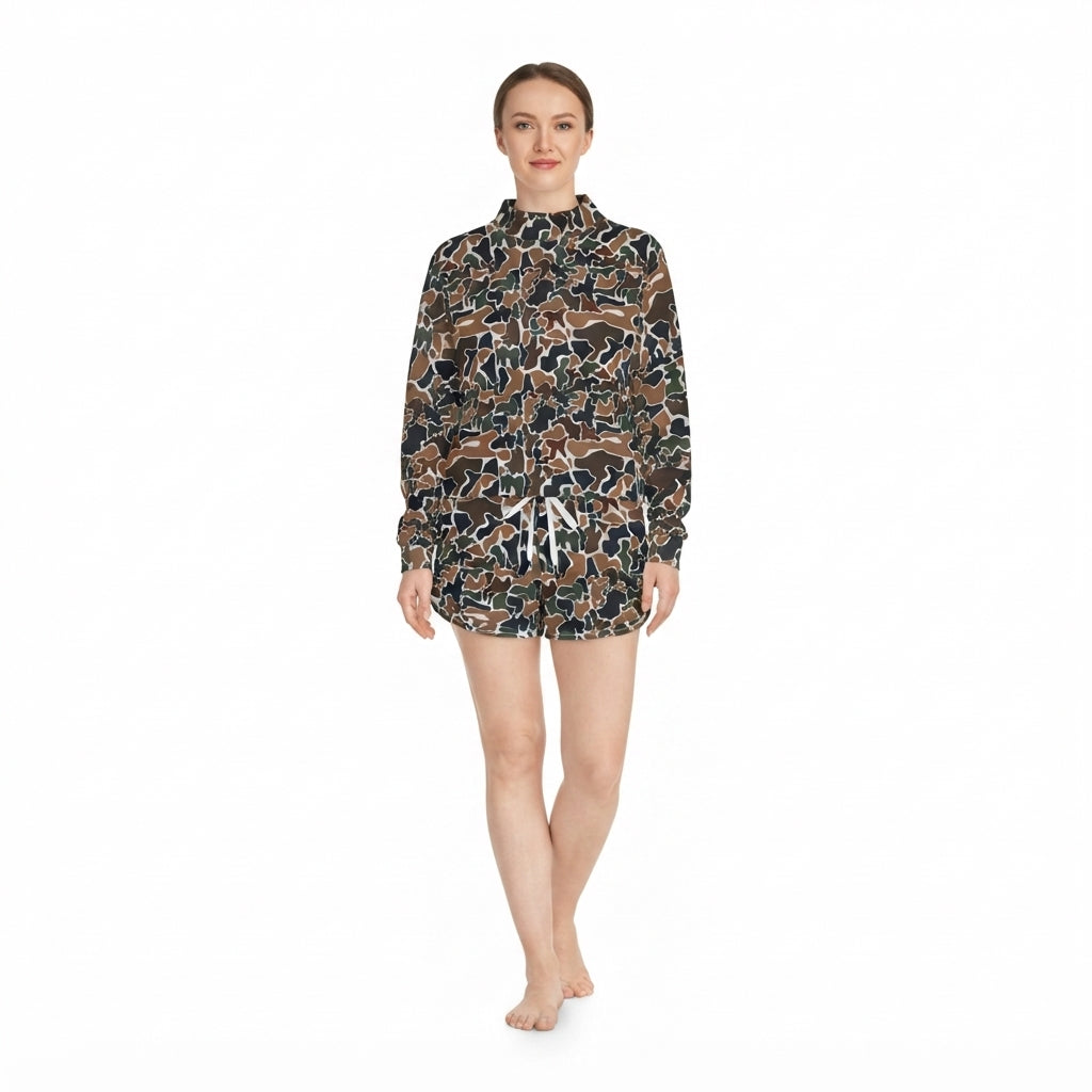 NO MOQ RTS GLS0185-yoga women Clothes Vintage Duck Camo Allover Print Long Sleeve Top Short Pant Set 202610