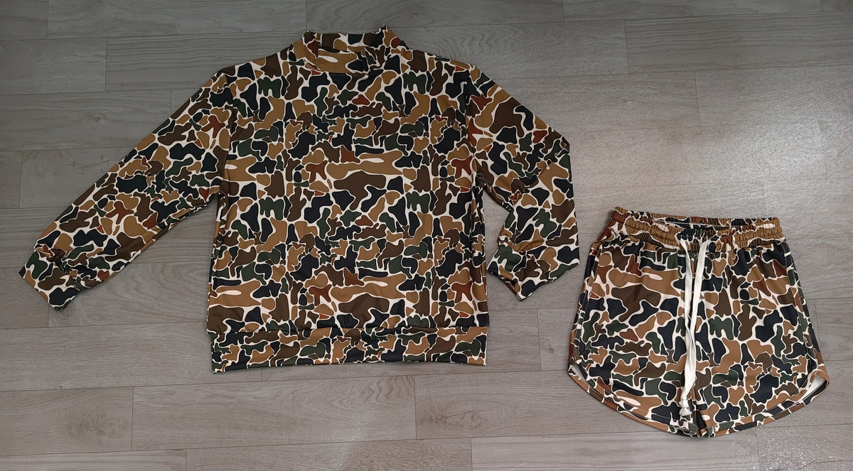Sample-Real Pics GLS0185 Adult Women Clothes Vintage Duck Camo Print Long Sleeve Stand Collar Top Short Pant Set