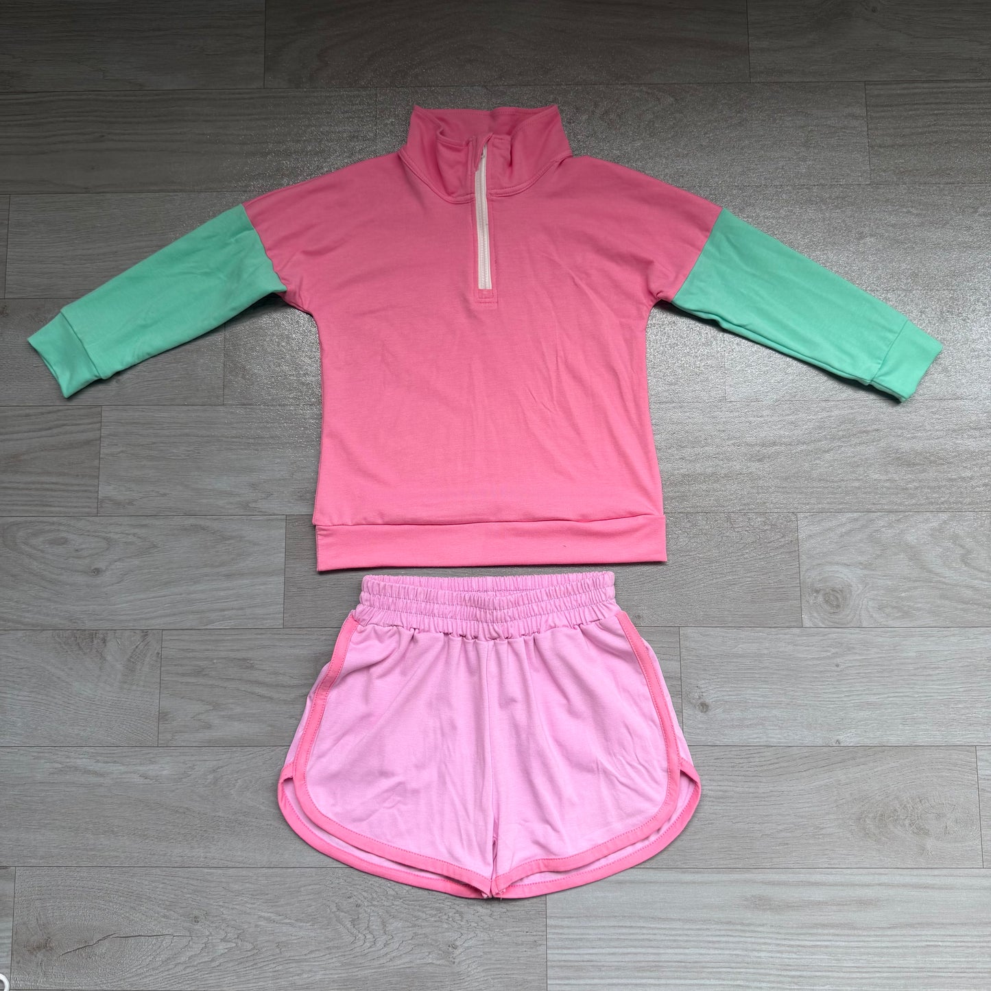 RTS GLS0193 Color Block Half Zip Top Short Set Girls Outfit 202608