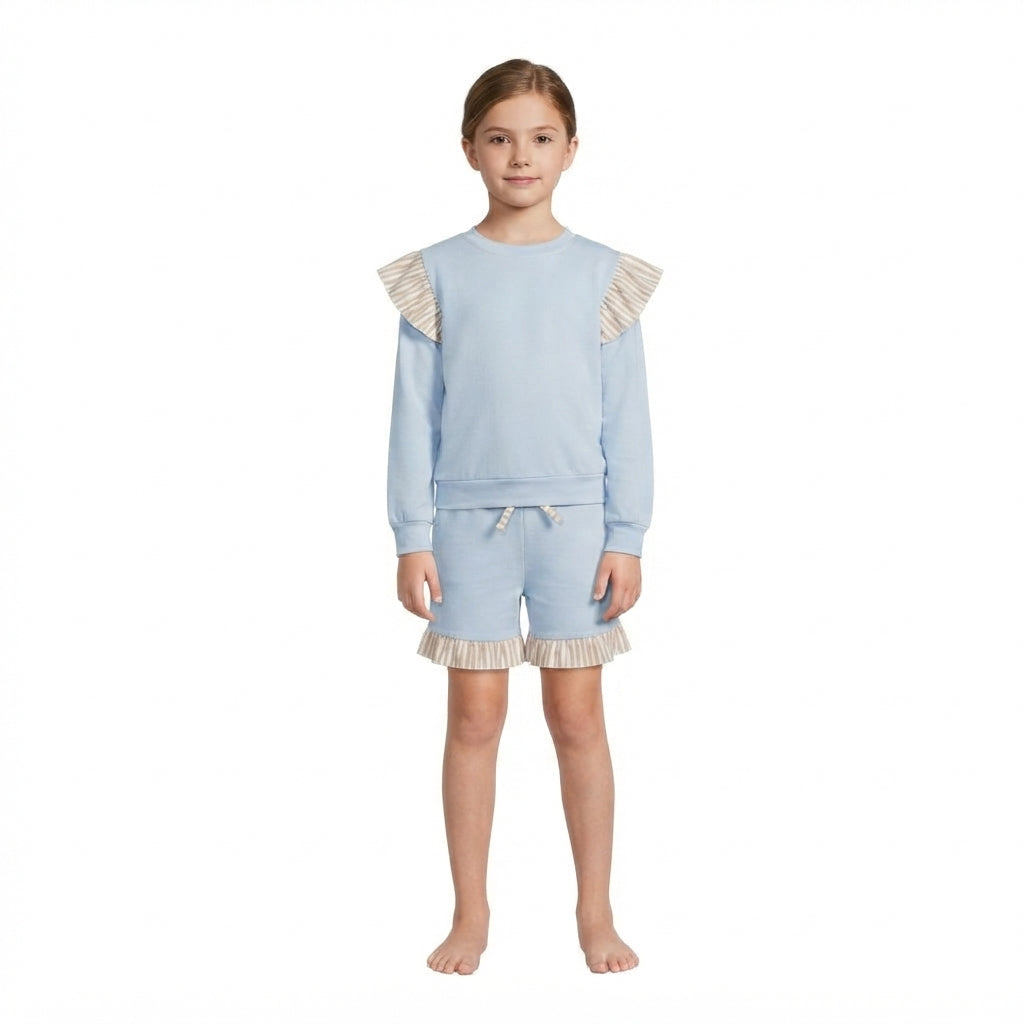 NO MOQ RTS SS0995 Baby Girl Clothes Solid Light Blue Stripe Ruffle Spliced Print Shorts 202609