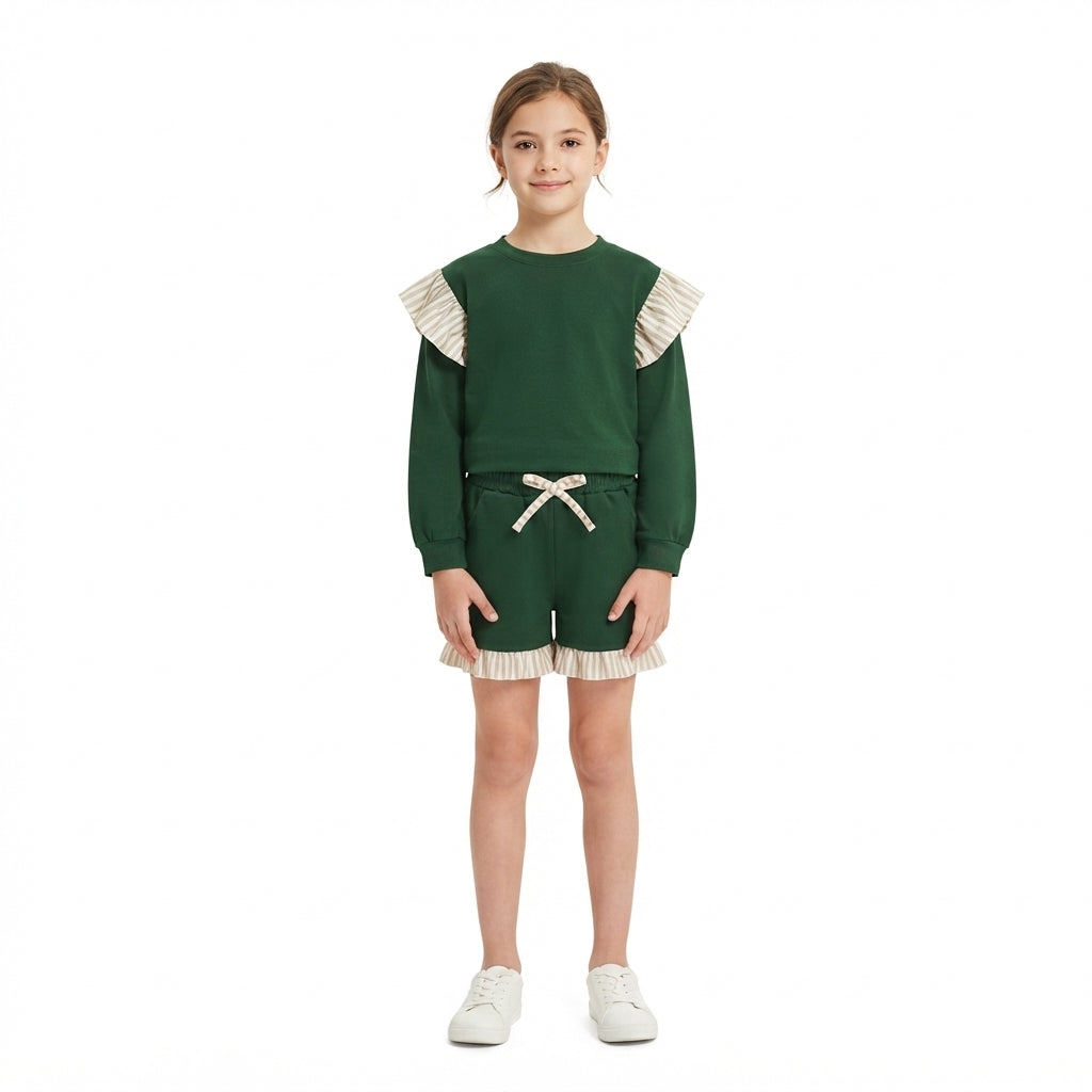 NO MOQ RTS GLS0218-bundle (2) Baby Girl Clothes Solid Green Stripe Ruffle Spliced Long Sleeve Top Short Pant Set 202610