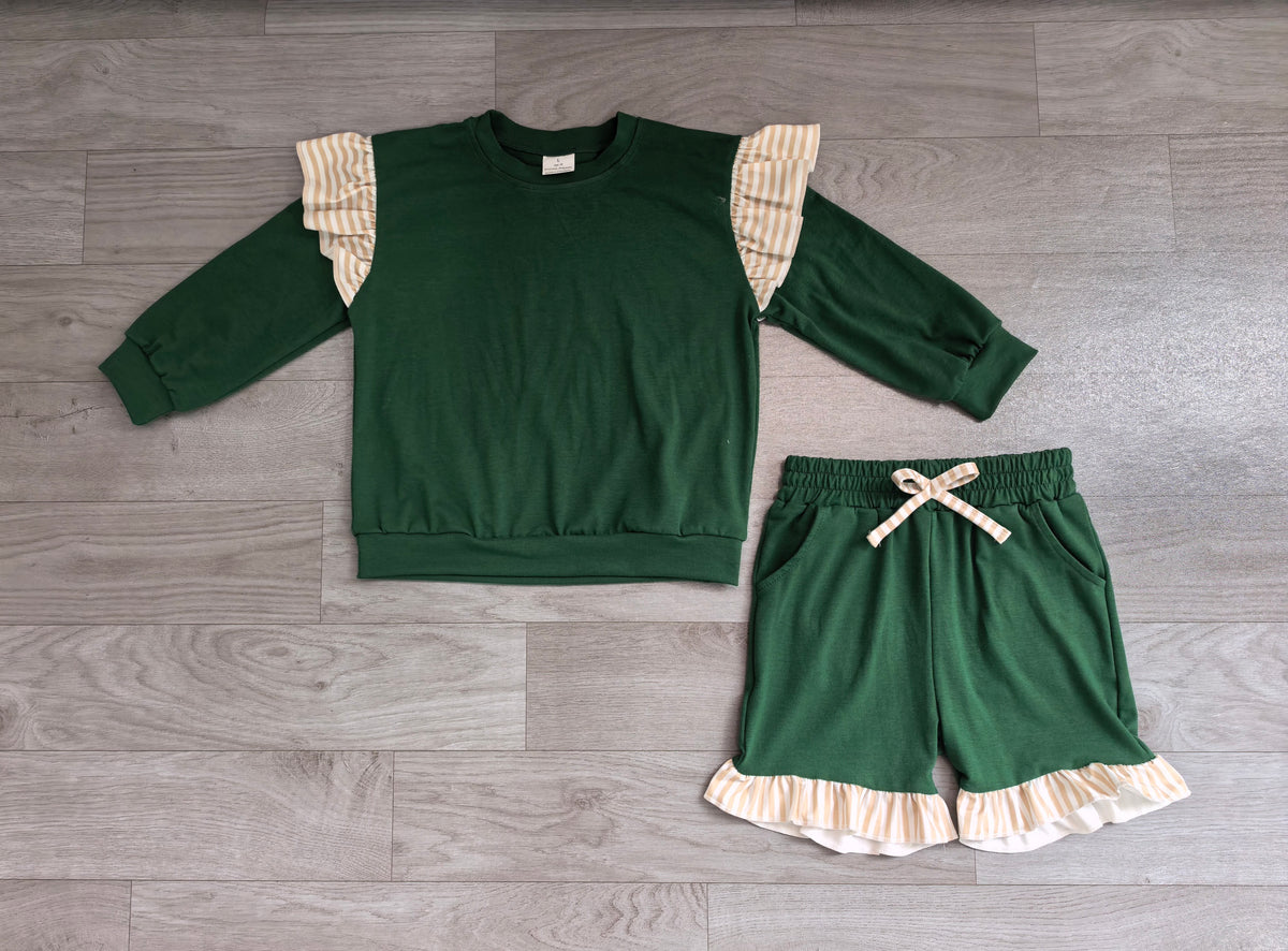 Sample-Real Pics GLS0218 Baby Girl Clothes Stripe Ruffle Trim Solid Plain Print Long Sleeve Short Pant Set
