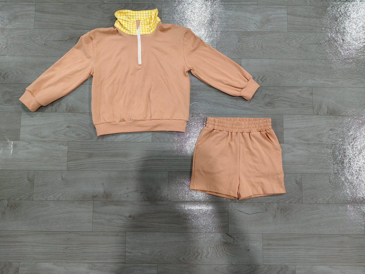 Sample-Real Pics GLS0227 Baby Girl Clothes Solid Khaki Gingham Collar Mixed Print Long Sleeve Half Zip Top Short Set