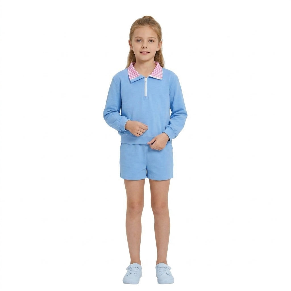 NO MOQ RTS GLS0228 Baby Girl Clothes Pink Gingham Collar Print Long Sleeve Half Zip Top Short Set 202610