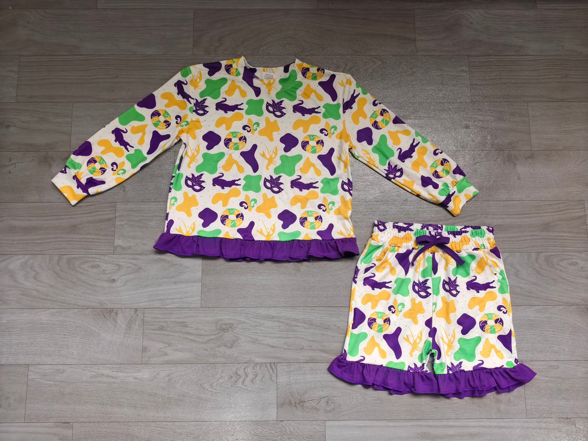 Sample-Real Pics GLS0243 Baby Girl Clothes Mardi Gras Alligator Mask Crawfish Print Long Sleeve Ruffle Top Ruffle Short Set