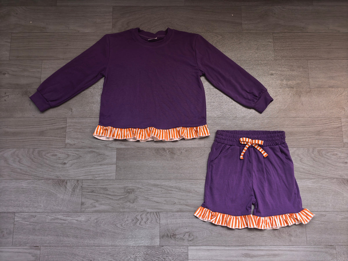 Sample-Real Pics GLS0248 Baby Girl Clothes Solid Purple Stripe Trim Print Long Sleeve Ruffle Hem Top Ruffle Short Set