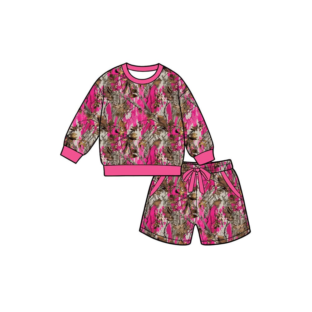 Preorder (moq 5) GLS0267 Baby Girl Clothes Pink Camo Tree Allover Print Long Sleeve Top Drawstring Shorts Outfit Set