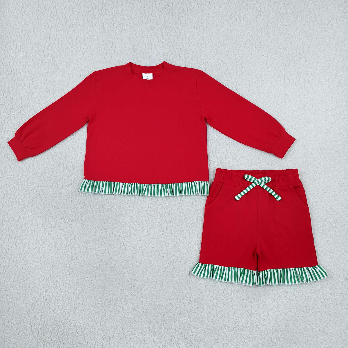 NO MOQ RTS GLS0269-bundle (2) Baby Girl Clothes Solid Red Striped Splice Print Long Sleeve Ruffle Top And Short Set 202610