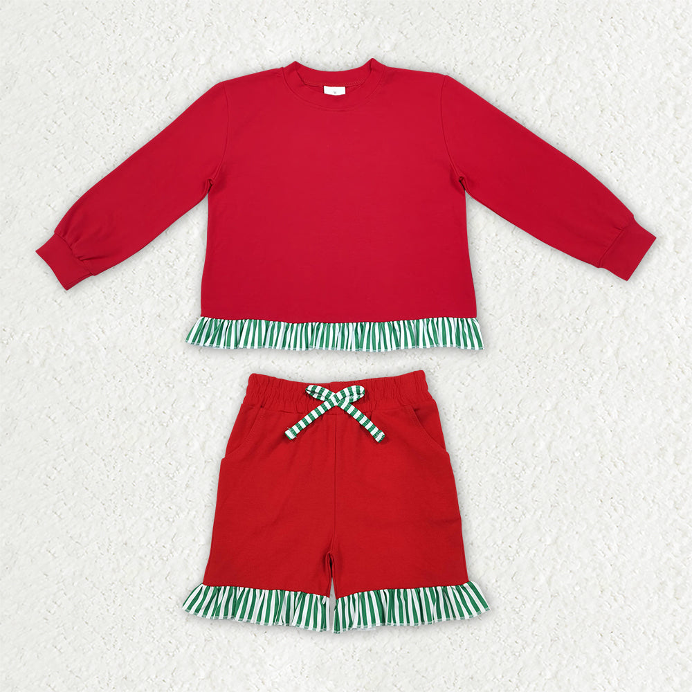 Preorder (moq 5) GLS0269 Baby Girl Clothes Red Solid Green Stripe Ruffle Long Sleeve Short Set