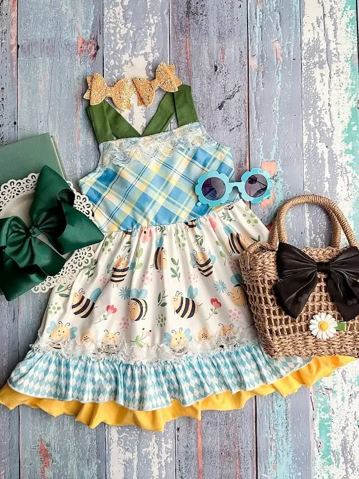 GSD1074 flower bee spring short sleeves girl dress preorder 202403