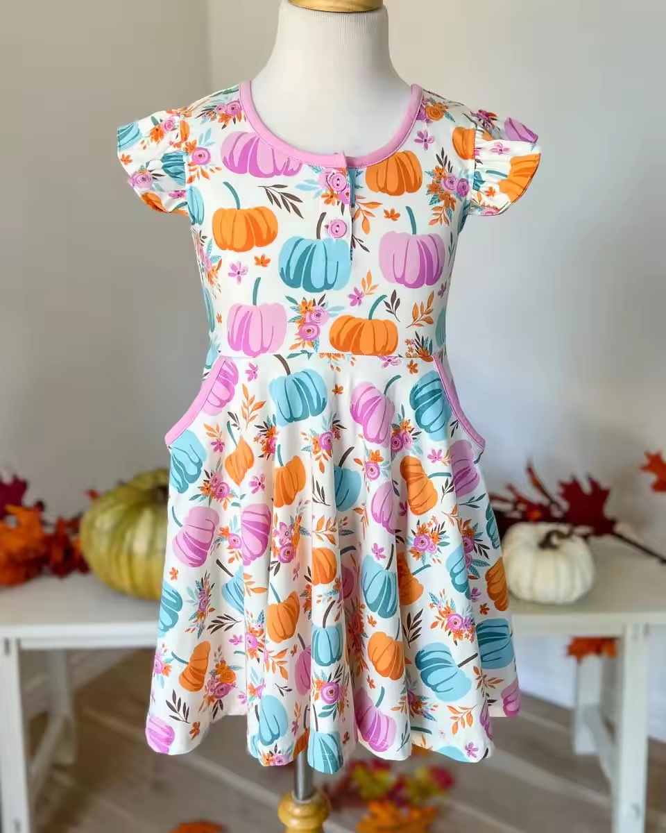 Halloween pumpkin GSD1332 girl short sleeves girl dress 202407 RTS
