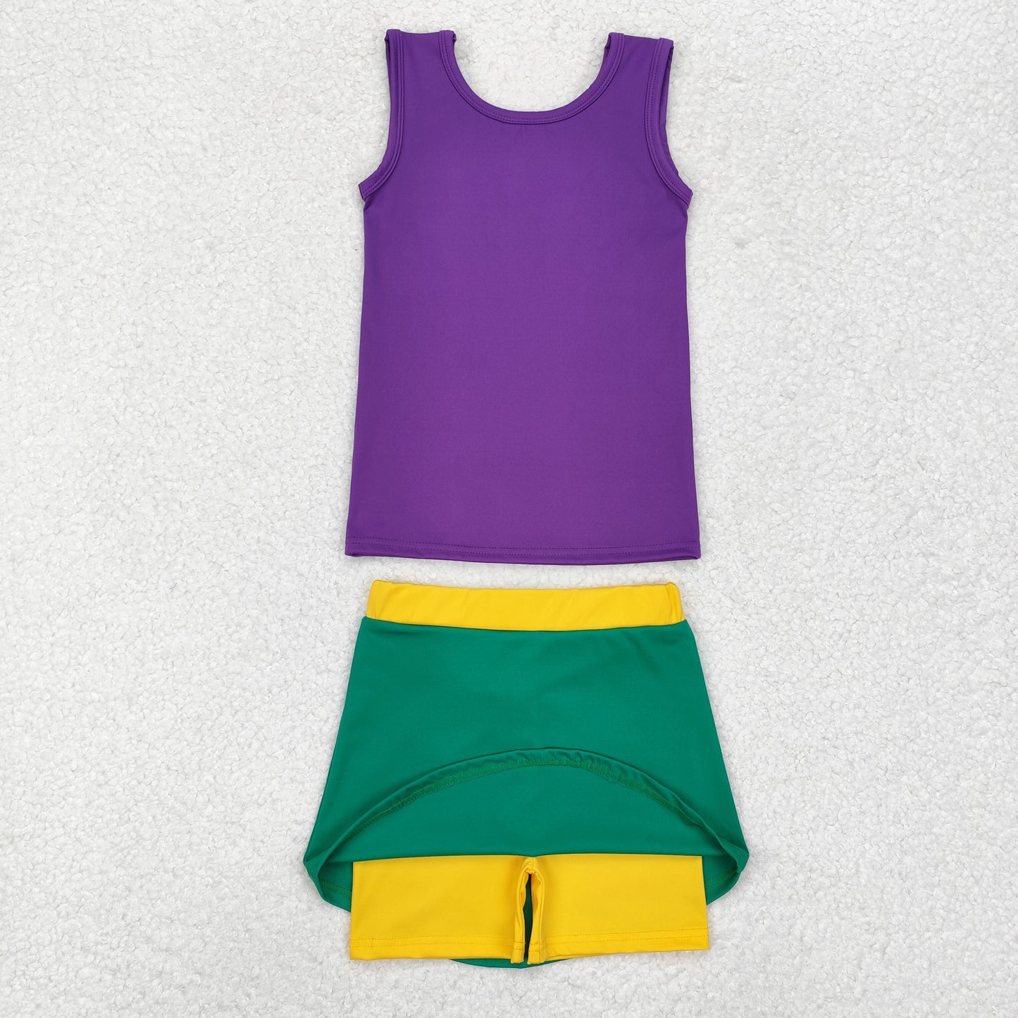 GSD1432 RTS Mardi Gras colored athletic skirt setsMardi Gras short sleeves girl skirt OUTFIT 202411