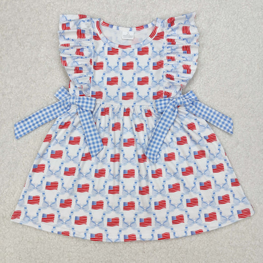 GSD1641 USA Flag 4th July blue pocket plaid bow girl dress 202503 RTS