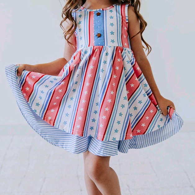 GLP2326 red blue 4th July short sleeves girl dress 202412 preorder