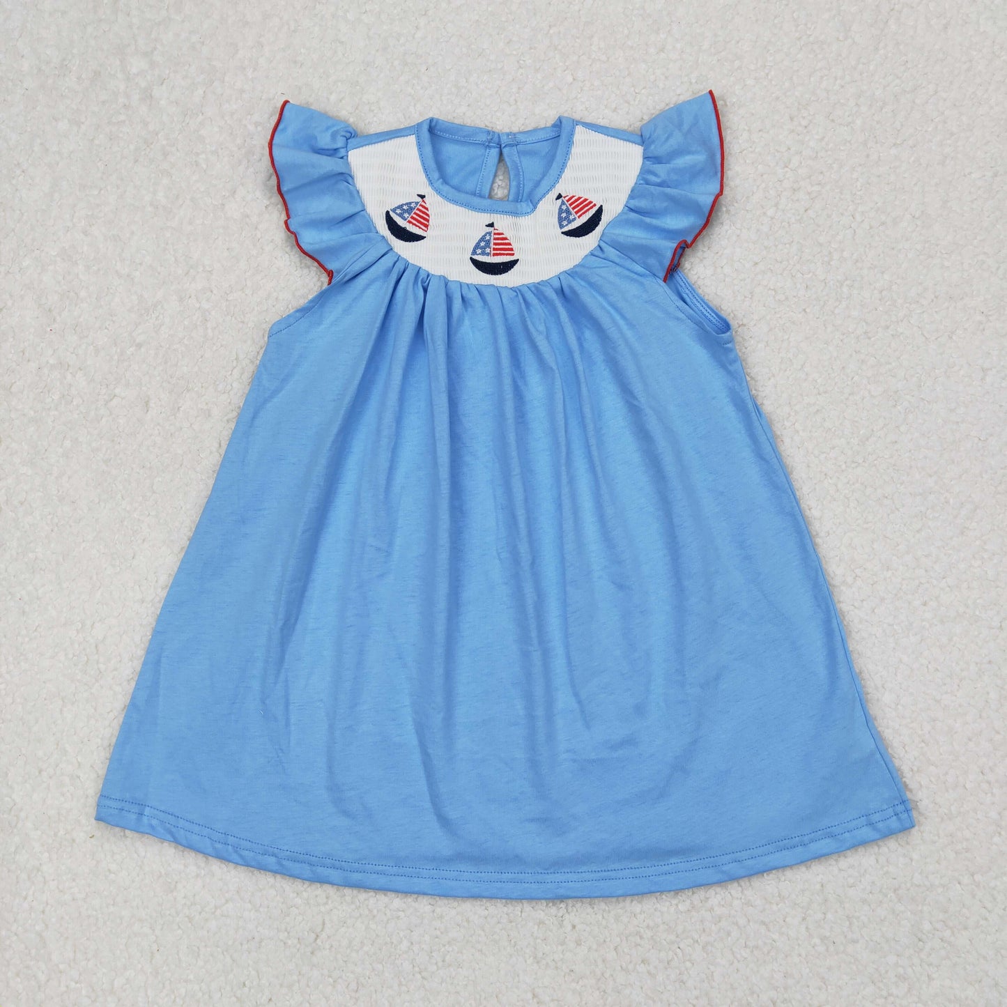GSD1818 smocked embroidery 4TH july sail boat sibling girl dress 202503 RTS