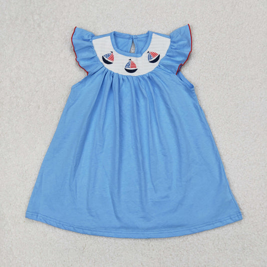 GSD1818 smocked embroidery  4TH july sail boat sibling girl dress  202503 RTS