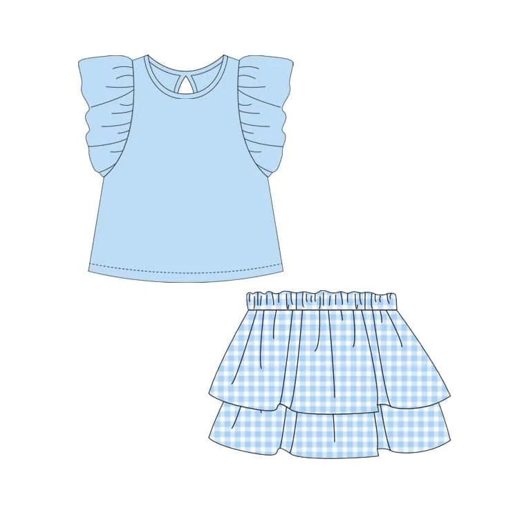 GSD1999 blue skirts ruffle short sleeve shorts girl outfit 202502 preorder