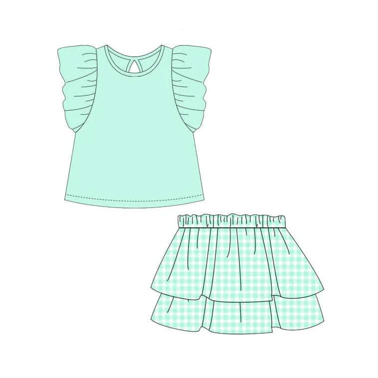 GSD2000 green skirts ruffle short sleeve shorts girl outfit 202502 preorder