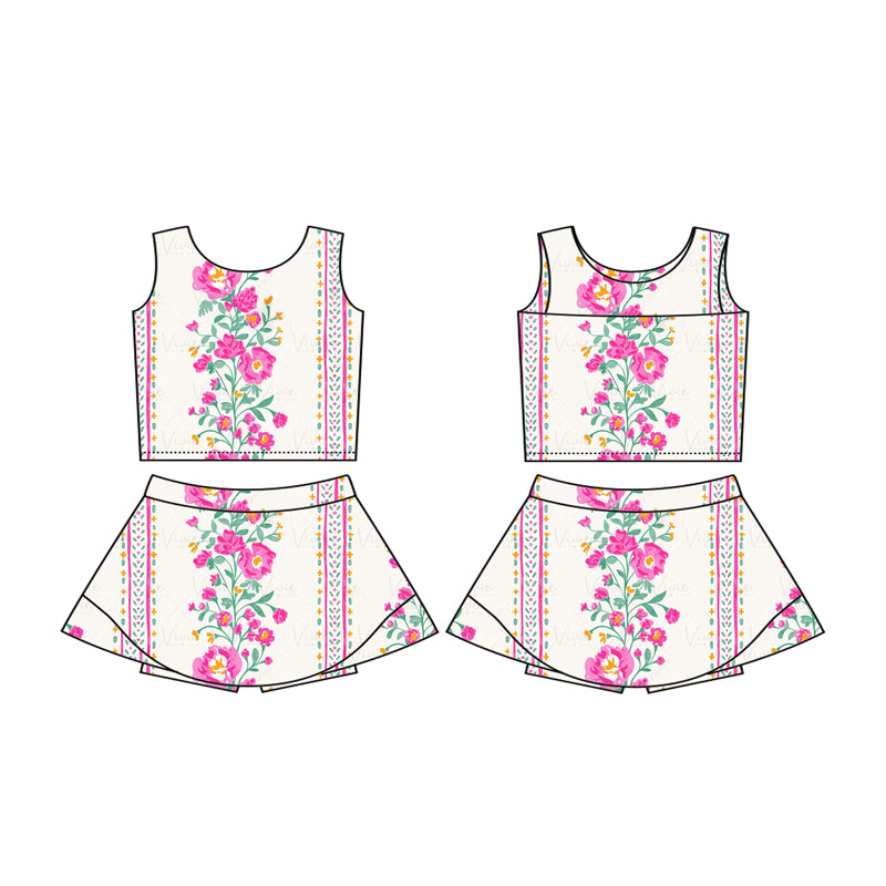 GSD2084 bow flowers yoga short sleeve girl skirt outfit 202502 preorder