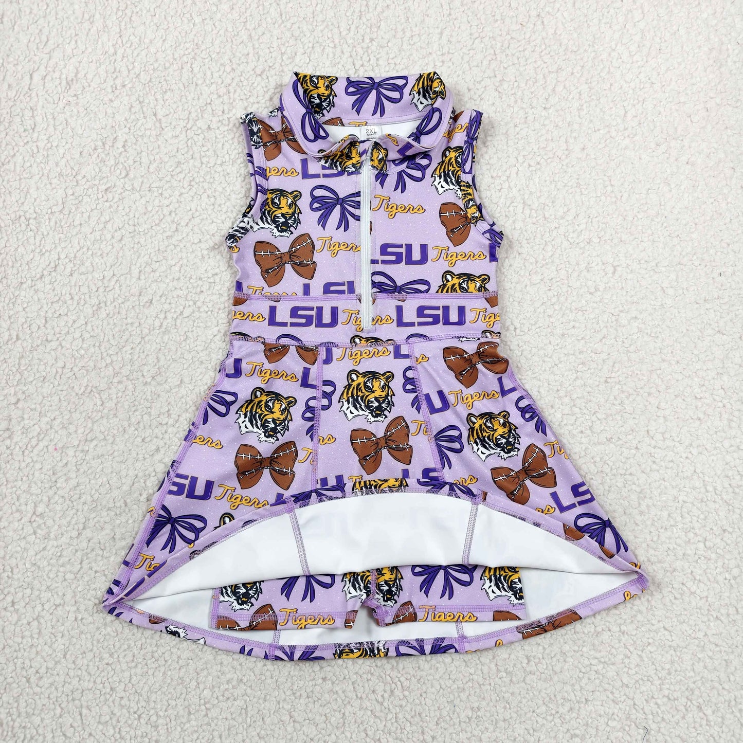 GSD3604 RTS ZIPPER LSU team purple tiger bow yoga girl dress 202607