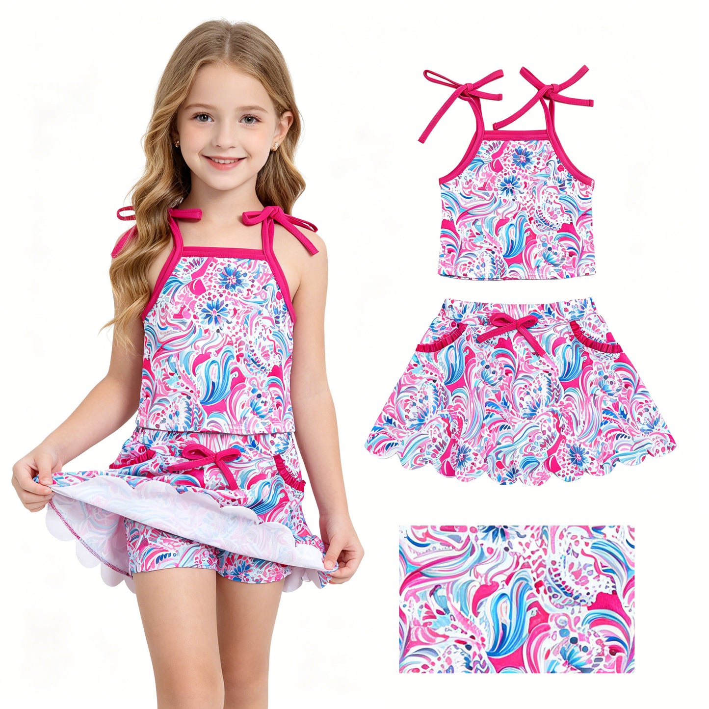 GSD3728 sea grass 4th July scallop bow Yoga kids girl dress 202607 RTS