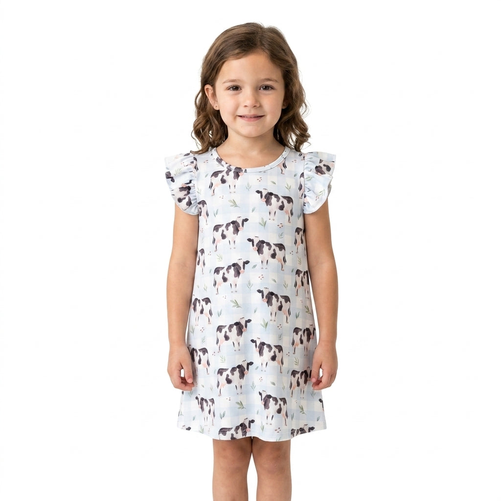 NO MOQ RTS GSD3895 Baby Girl Clothes Cow Light Blue Gingham Print Short Flutter Sleeve Dress