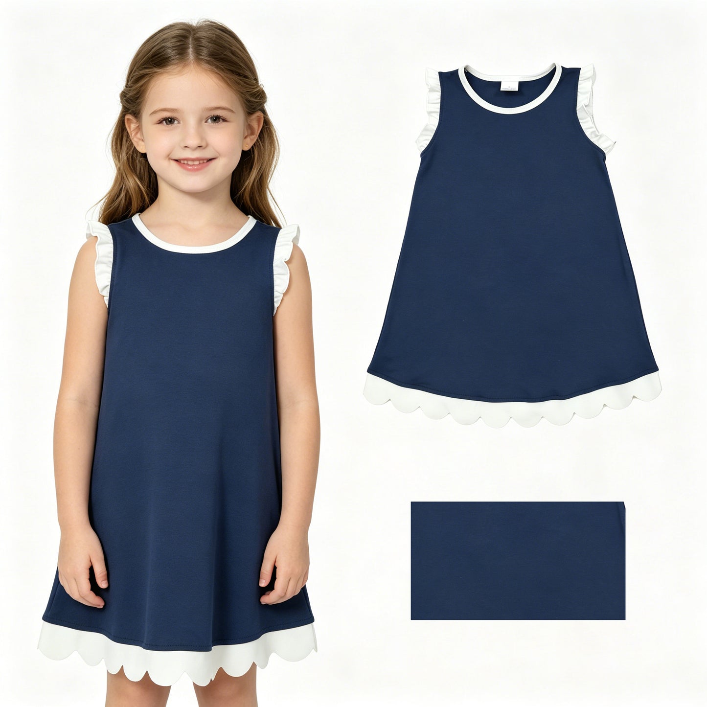 GSD4056 YOGA blue solid scallop girl dress ruffle scallop RTS