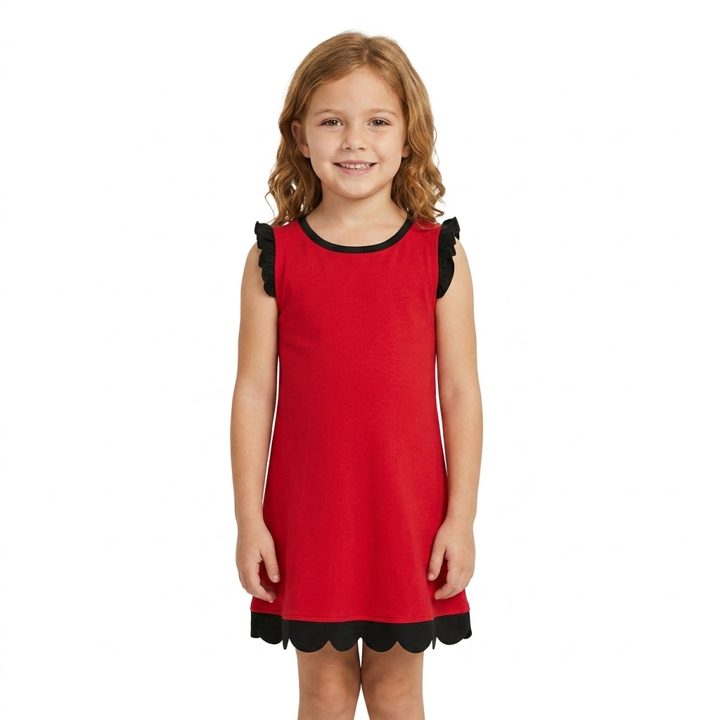 NO MOQ RTS GSD4057 Baby Girl Clothes Solid Red Black Scallop Trim Sleeveless Dress