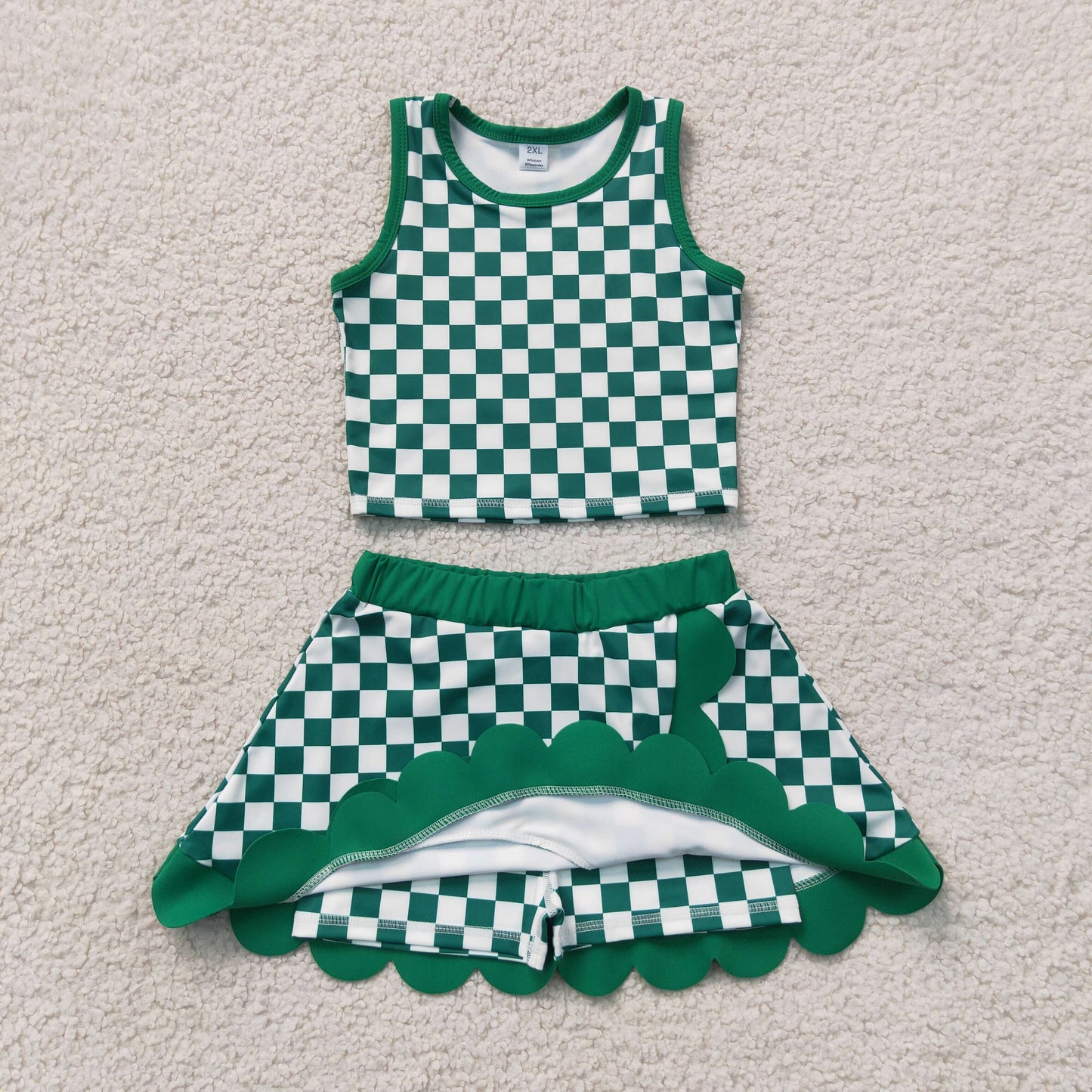 GSD4178 ruffle yoga Girls Green Checker Sleeveless Tank Skort Outfit 202607 RTS