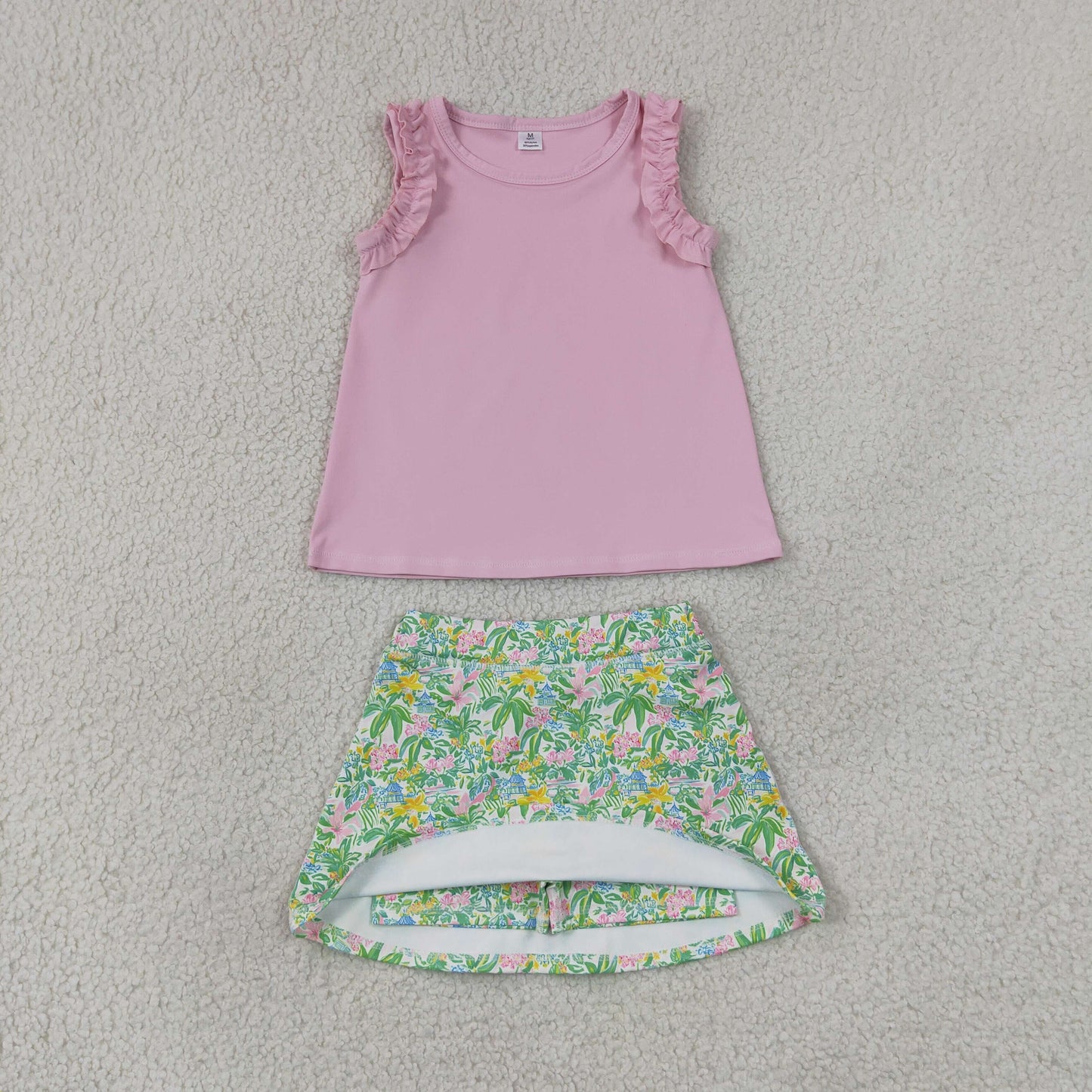 GSD4217 yoga Pink Ruffle Strap Tank Green Floral Skort Set 202607 RTS