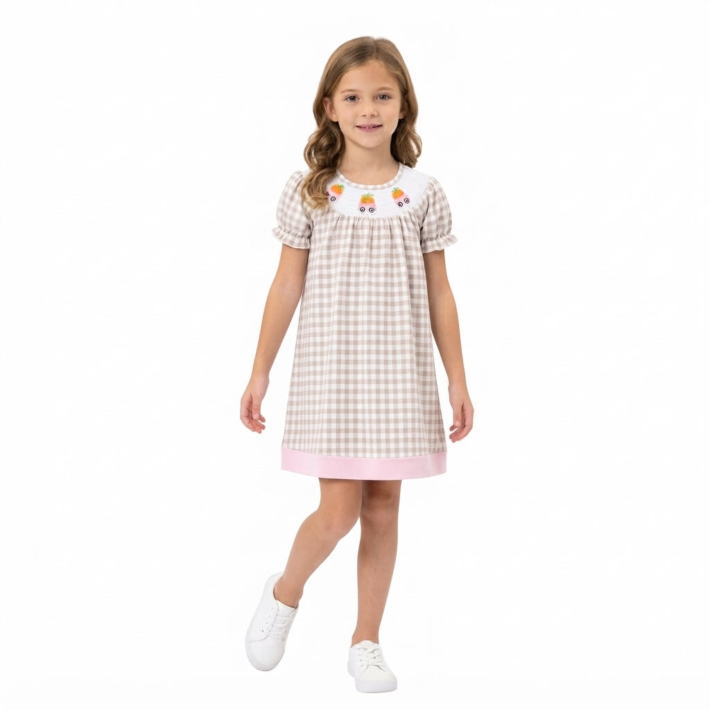 NO MOQ RTS GSD4258-smocked Baby Girl Clothes Gingham Check Embroidery Carrot Truck Allover Print Short Sleeve Dress 202610