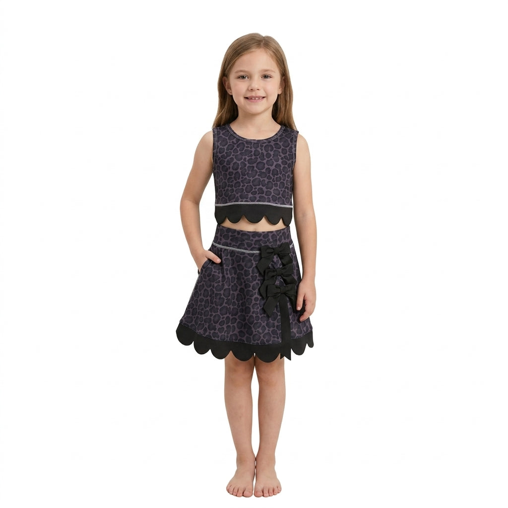 NO MOQ RTS GSD4268(1)-scallop-yoga Baby Girl Clothes Dark Grey Leopard Print Sleeveless Scallop Top Bow Skirt Set Outfit 202609