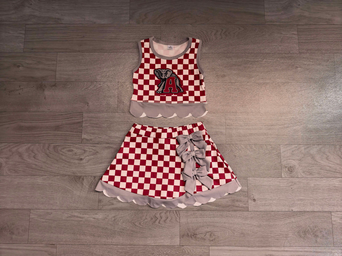 Sample-Real Pics GSD4284 Baby Girl Alabama team grey bow scalloped hem red checkered sleeveless tank top skort yoga set