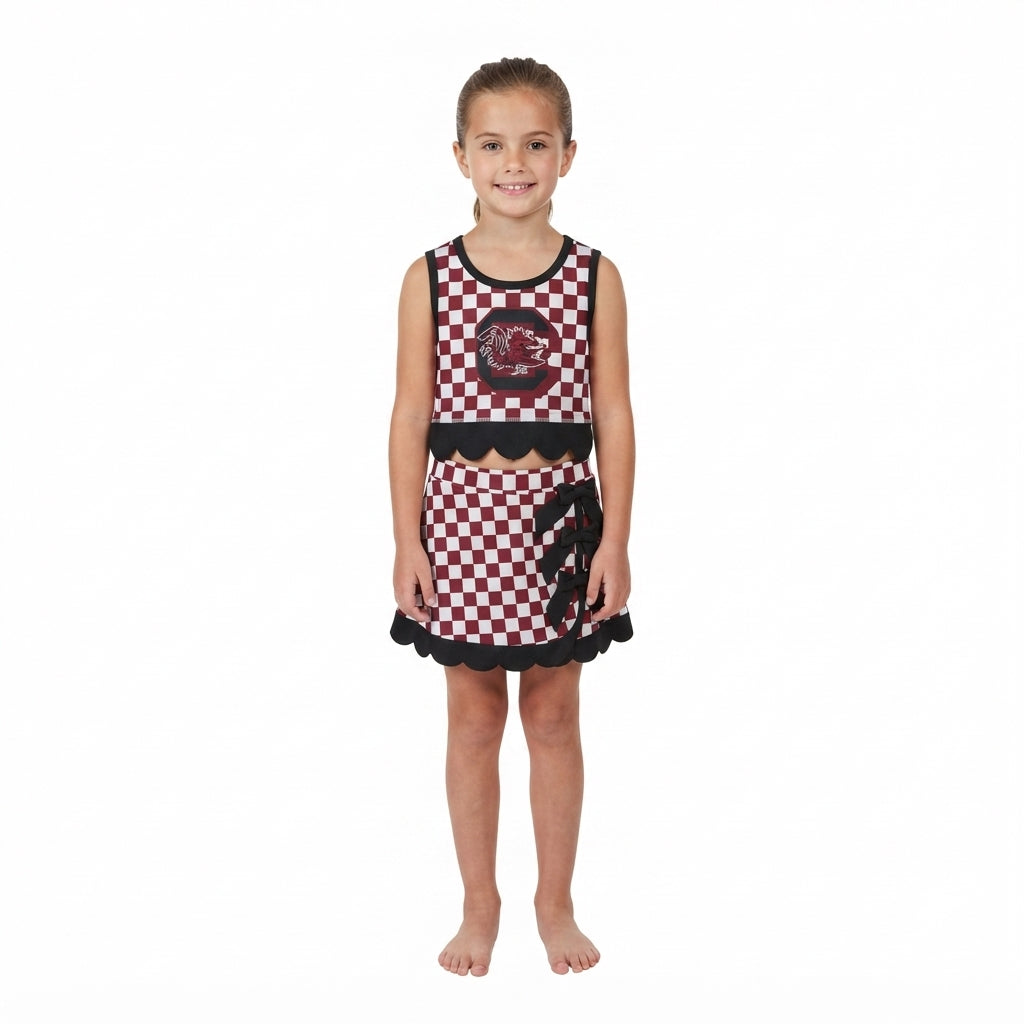 NO MOQ RTS GSD4288 Baby Girl Clothes Burgundy Checker Team Logo Print Sleeveless Top Skirt Set 202609