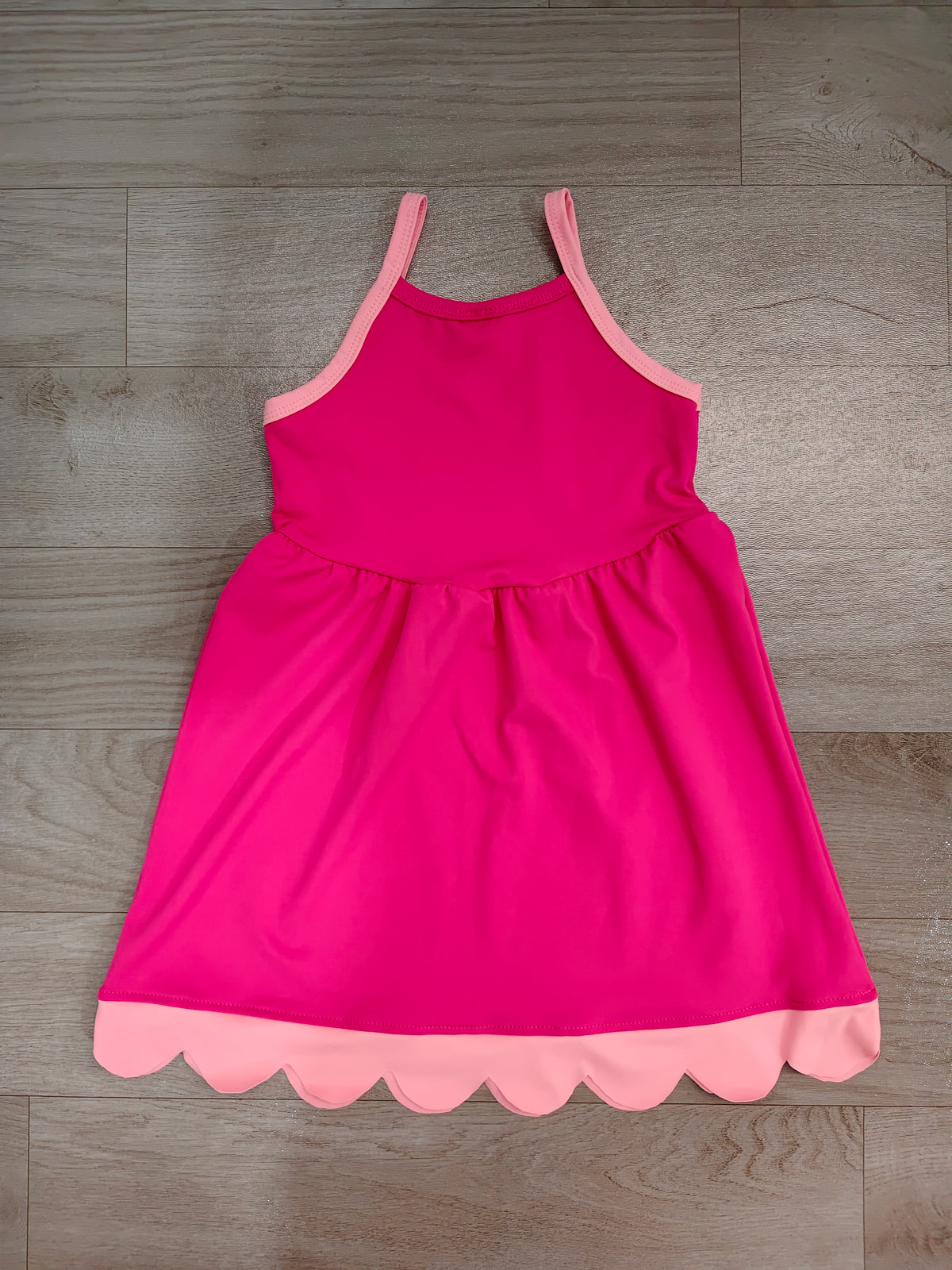 Sample-Real Pics GSD4322 Baby Girl Clothes Solid Pink Color Block Print Sleeveless Spaghetti Strap Scallop Hem Dress