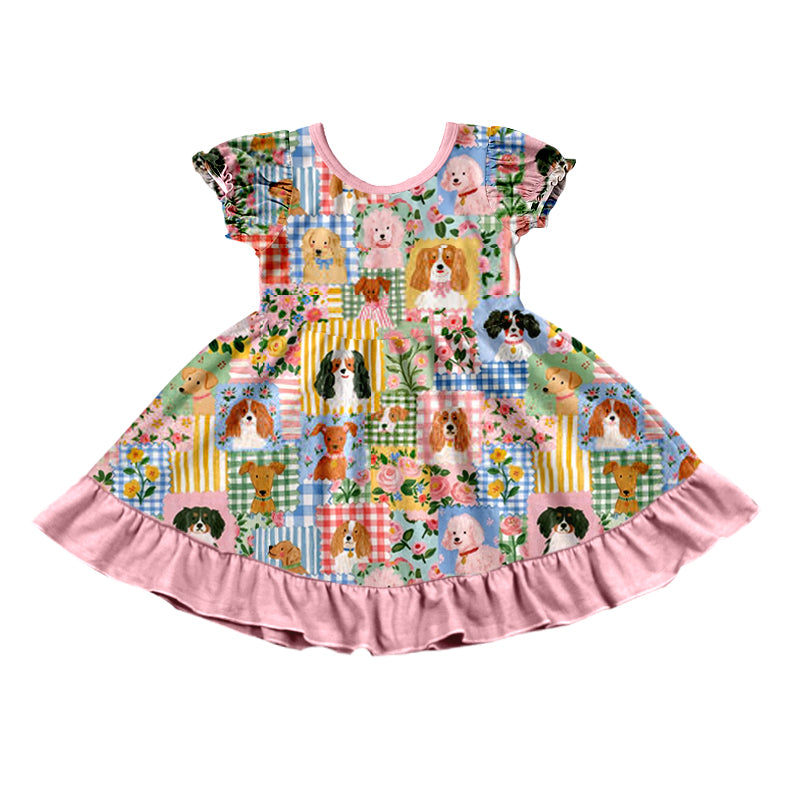 Preorder (moq 5) GSD4335 Baby Girl Clothes Puppy Patchwork Floral Mixed Print Short Sleeve Ruffle Twirl Dress