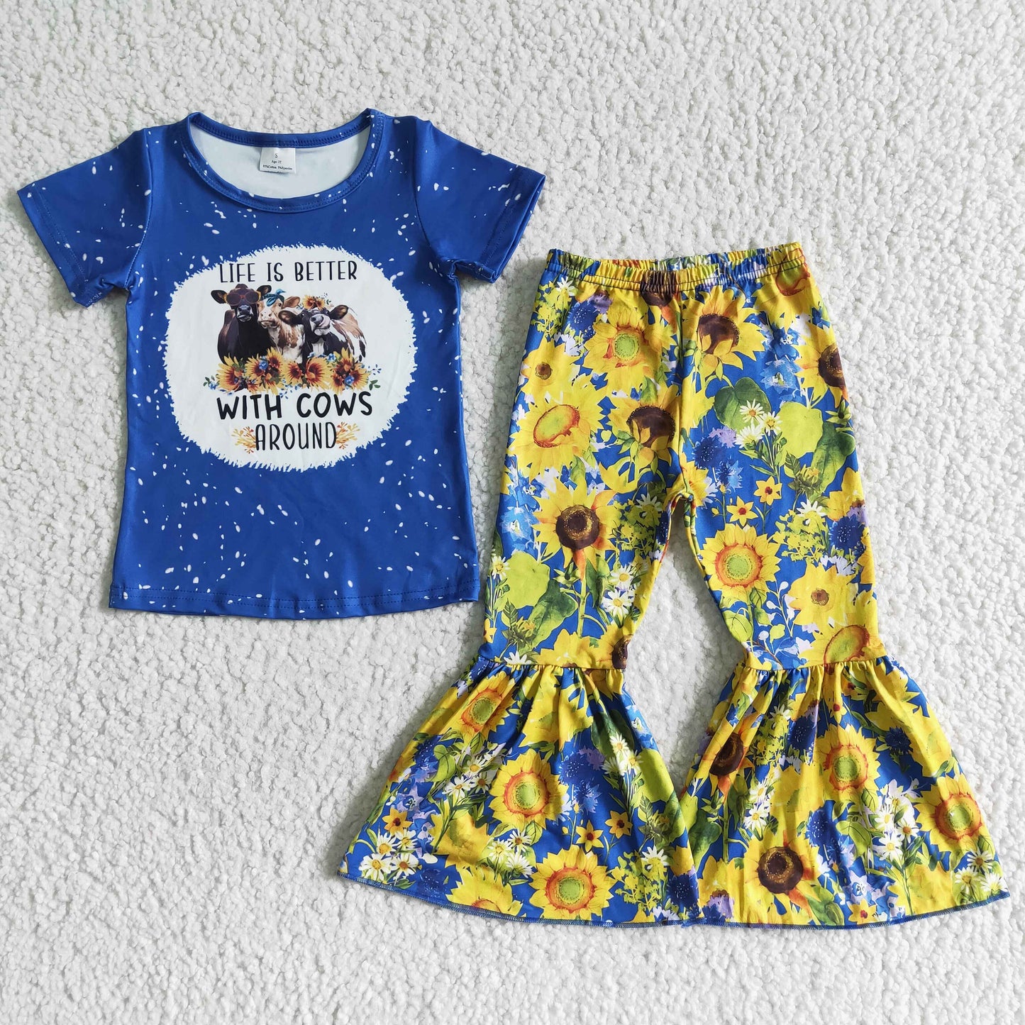 promotion GSPO0071 RTS cow sunflower western bell bottom pants girl outfits 202405