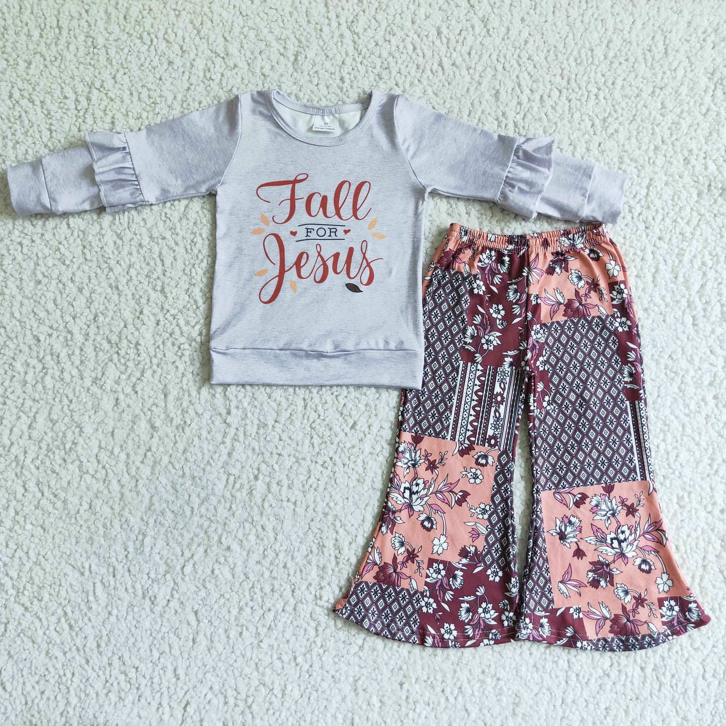 PROMOTION PRICE GSPO0126 RTS grey long sleeve top fall Jesus orange floral Rhombus Design bell pants girl outfit 20230612 RTS