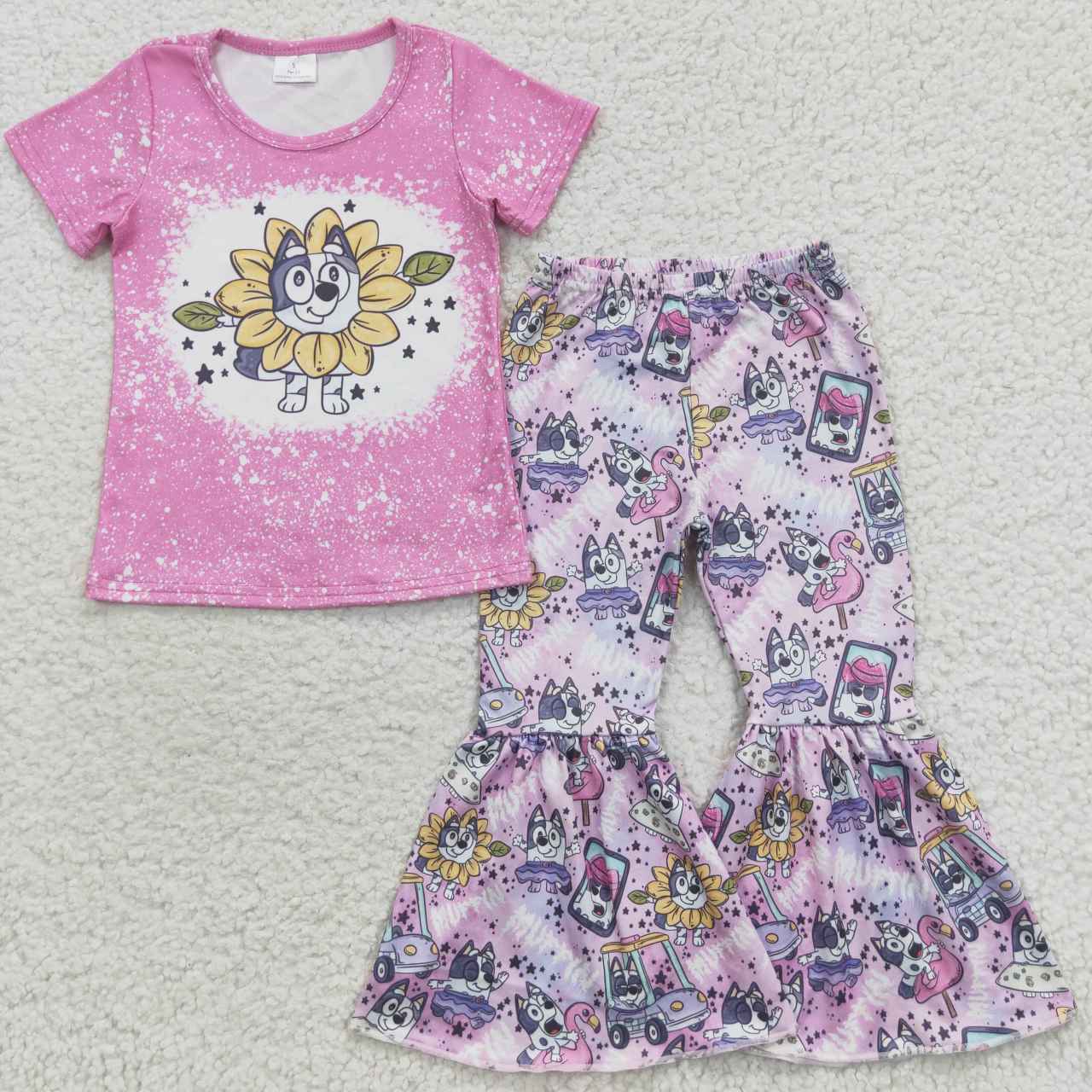 GSPO0689 cartoon friends blue dog sunflower fall short sleeve summer girl outfit 20230628