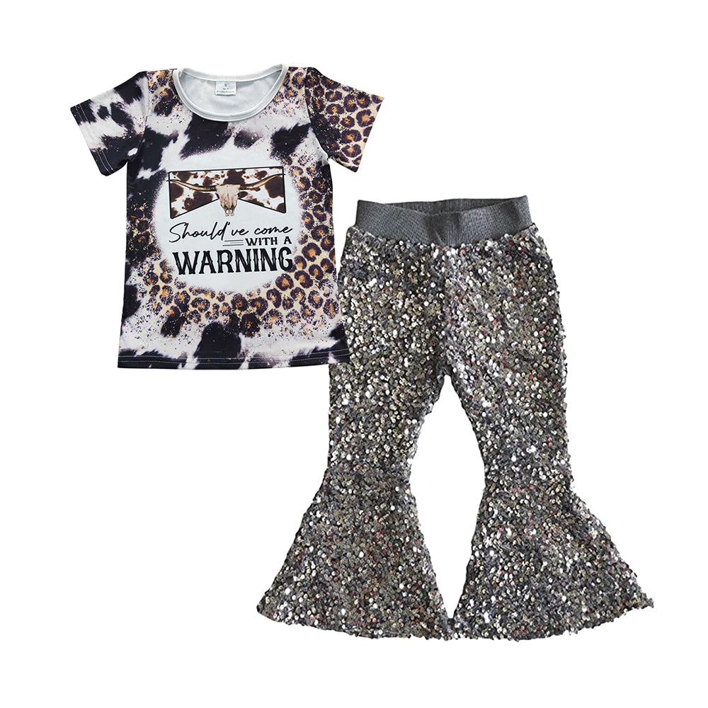 GSPO0712 Western warning short sleeve gray sequin girl outfit 20230525 RTS
